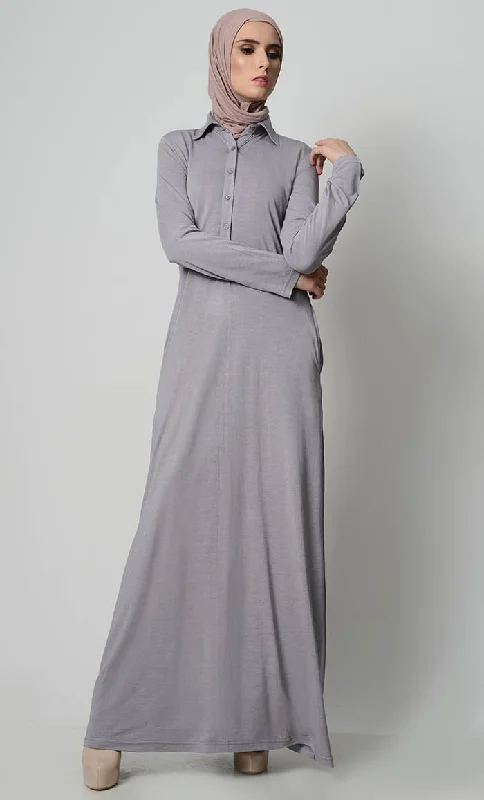 Simple  Collar Shirt Style Abaya -Grey