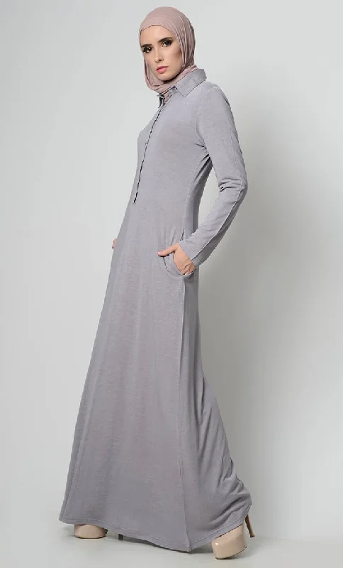 Simple  Collar Shirt Style Abaya -Grey