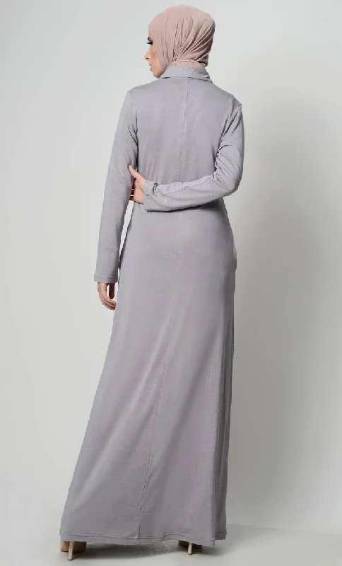 Simple  Collar Shirt Style Abaya -Grey