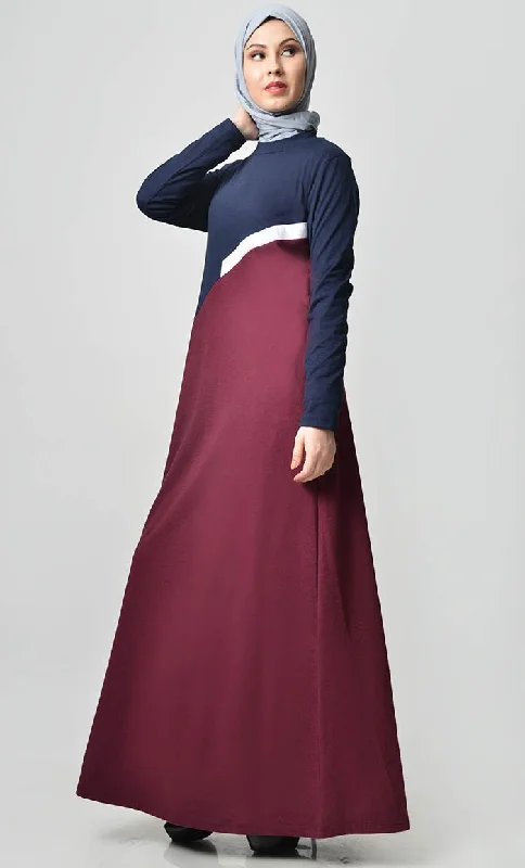 Slashed Colorblocked Jersey Abaya - Maroon Navy