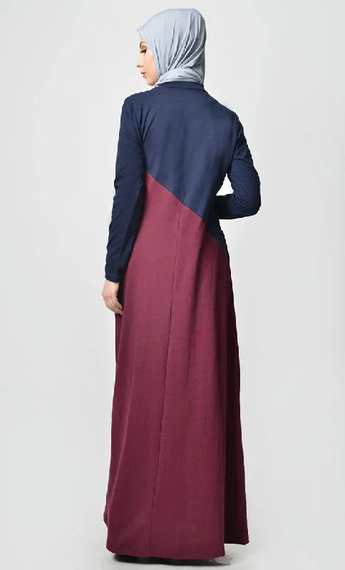 Slashed Colorblocked Jersey Abaya - Maroon Navy