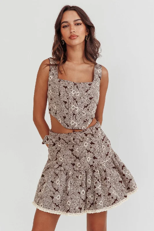 Southern Belles Belted Waist Mini Skirt Floral Brown