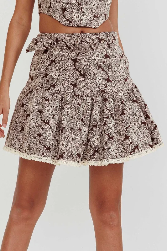 Southern Belles Belted Waist Mini Skirt Floral Brown