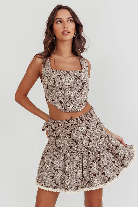 Southern Belles Belted Waist Mini Skirt Floral Brown