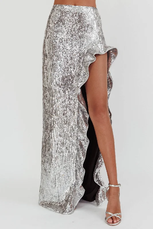 Star Girls Open Split Sequin Maxi Skirt Silver