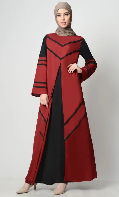 Striped Color Contrast Abaya-Crimson