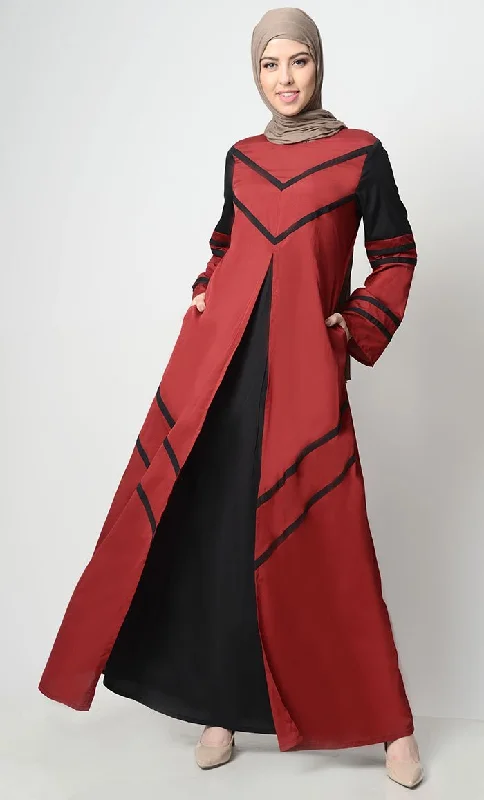 Striped Color Contrast Abaya-Crimson