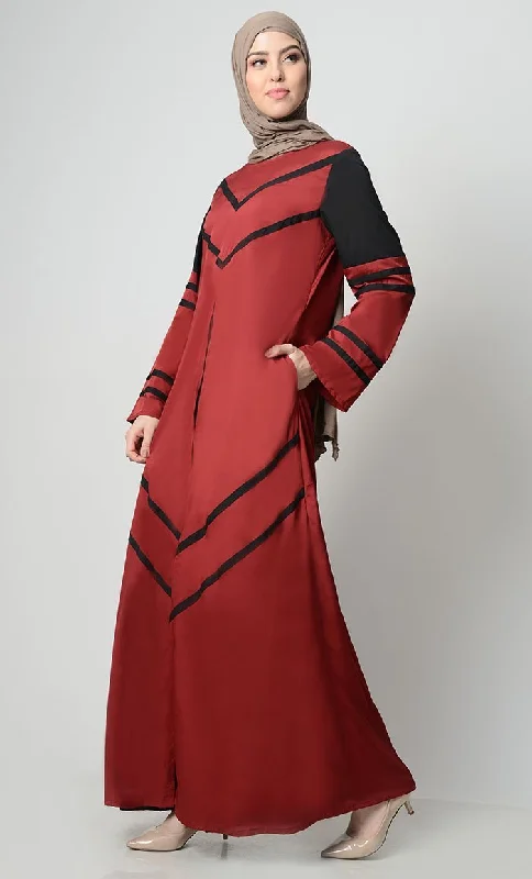 Striped Color Contrast Abaya-Crimson