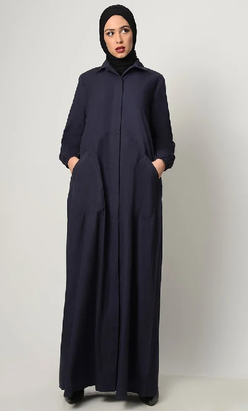 Stylish Button Down Abaya-Navy