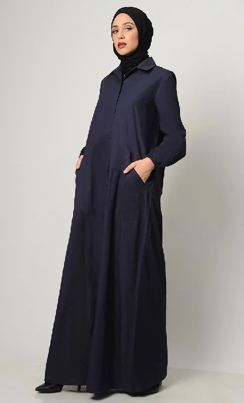 Stylish Button Down Abaya-Navy