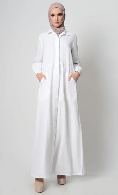 Stylish Button Down Abaya-White