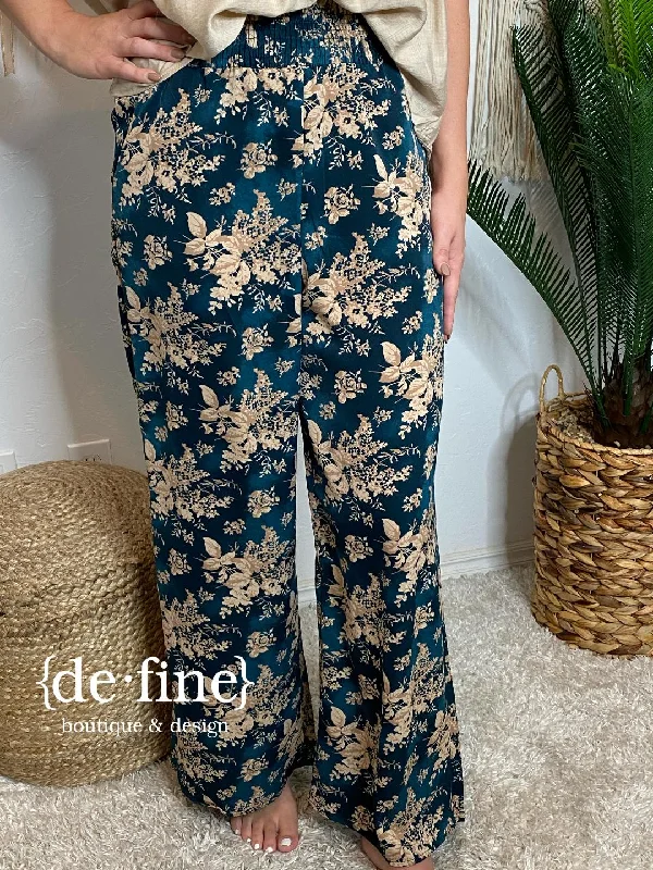 Teal & Tan Floral Wide Leg Pants in Regular & Curvy