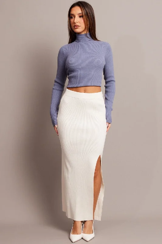 White Knit Skirt Front Split High Rise