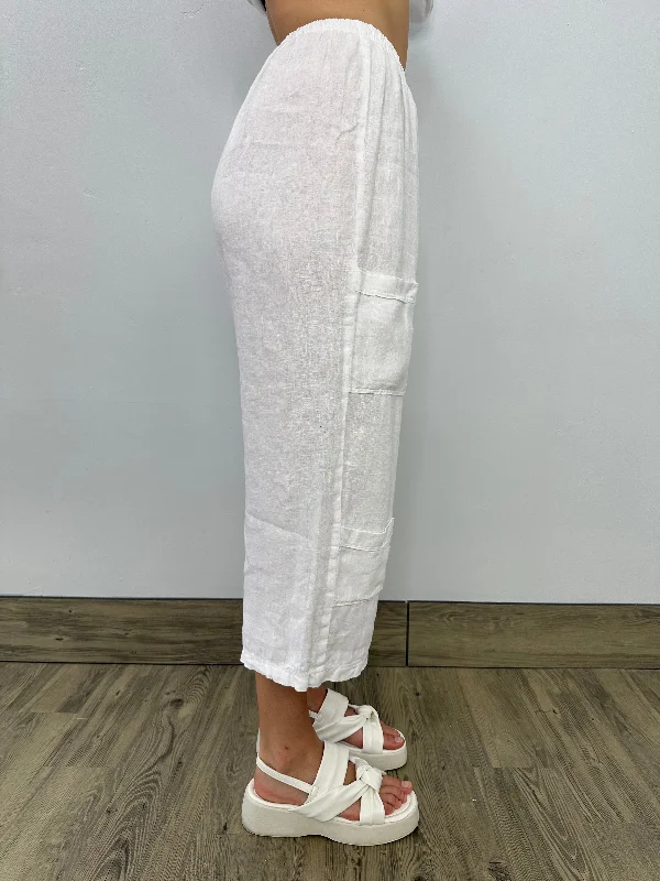 White Linen Multi Pocket Crop Pant