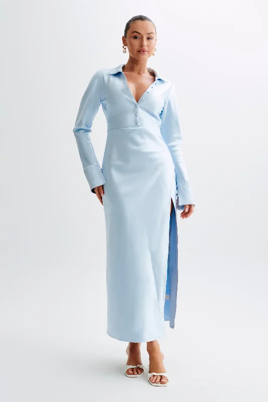 Whitley Satin Collared Maxi Dress - Ice Blue