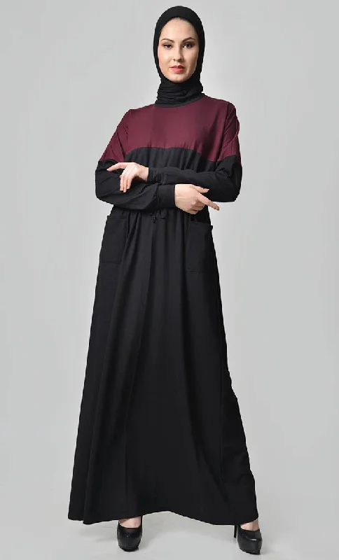 Yoke Colorblocked Jersey Abaya-Maroon