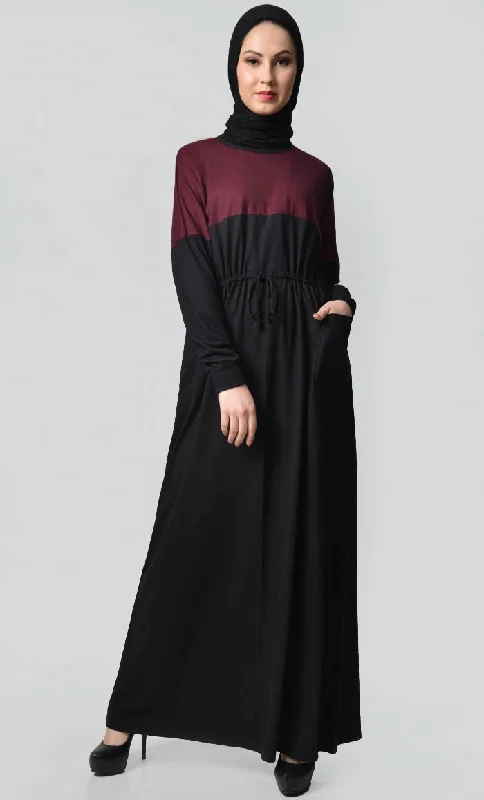 Yoke Colorblocked Jersey Abaya-Maroon