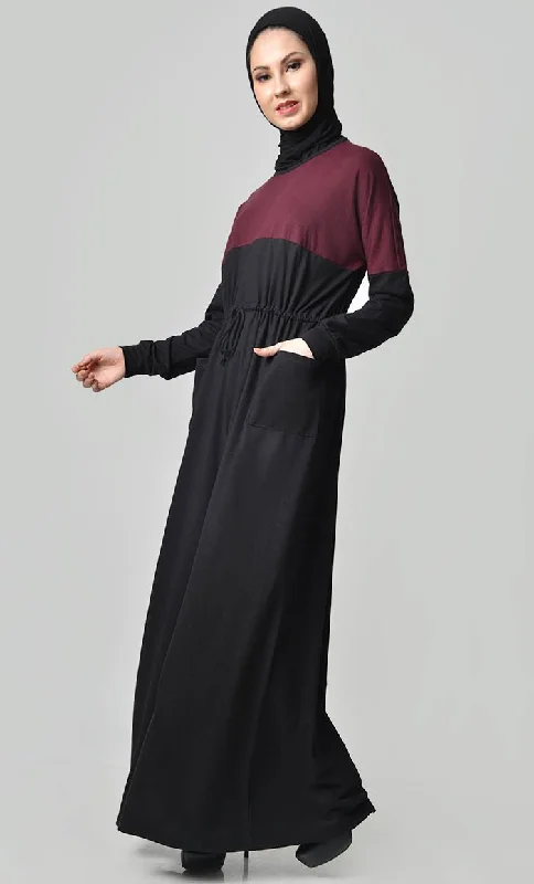 Yoke Colorblocked Jersey Abaya-Maroon