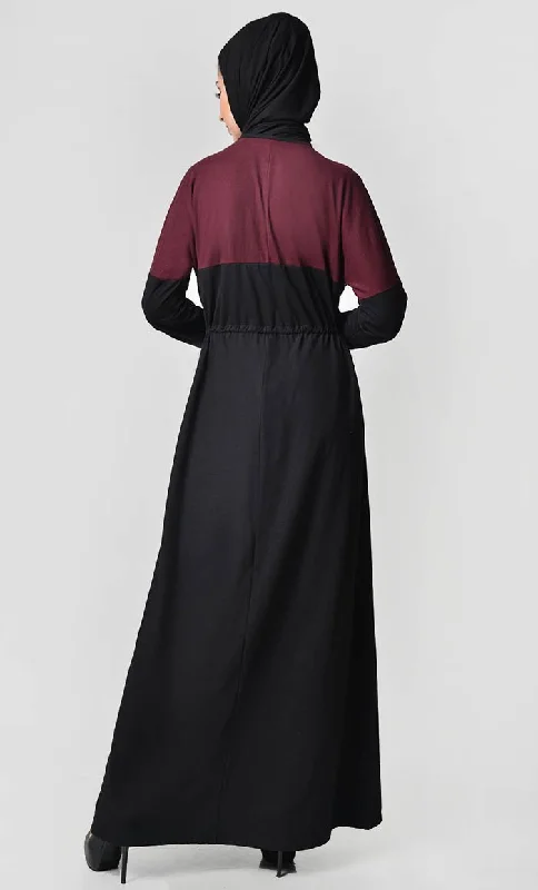 Yoke Colorblocked Jersey Abaya-Maroon