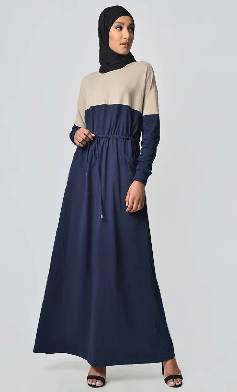 Yoke Colorblocked Jersey Abaya-Navy