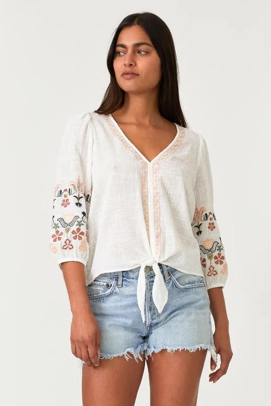 Adrian Short Embroidered Sleeve Front Tie Top White