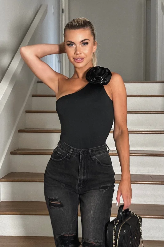 Magda One Shoulder Rose Bodysuit - Black