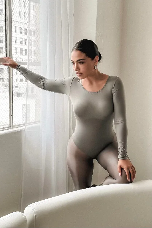 RESERVED Metallic Long Sleeve Bodysuit - Silver