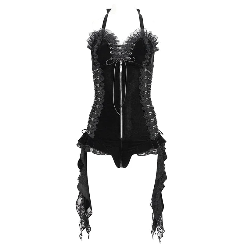 Women's Gothic Halterneck Lace-Up Ruffled Bodysuit