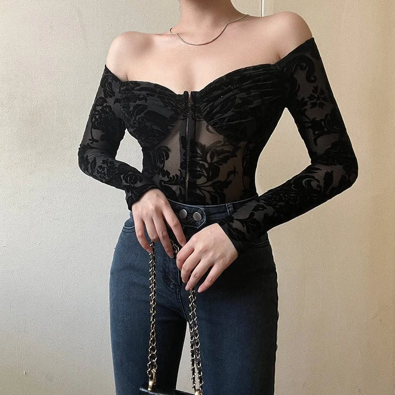 Women's Gothic Off Shoulder Flocking Lace Bodysuit