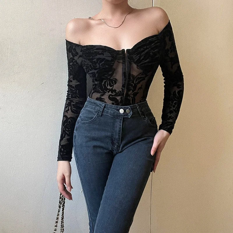 Women's Gothic Off Shoulder Flocking Lace Bodysuit