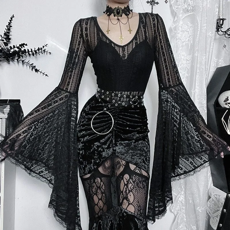 Women's Gothic Sheer Trumpet Sleeved Lace Bodysuit