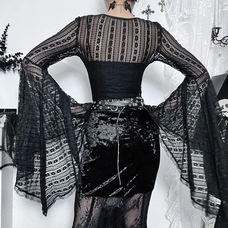 Women's Gothic Sheer Trumpet Sleeved Lace Bodysuit