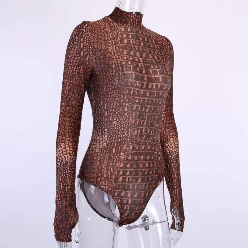 Women's High Neck Long Sleeved Snakeskin Rompers