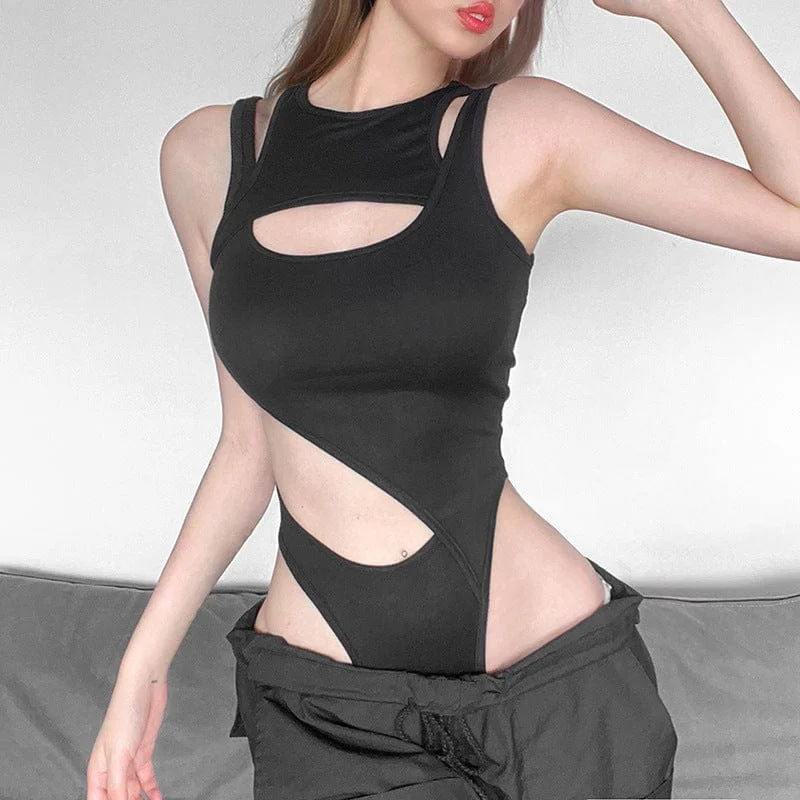 Women's Punk Cutout Solid Color Bodysuit