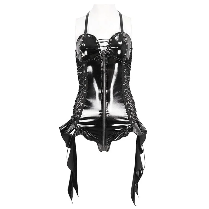 Women's Punk Lace-Up Stud Ruffled Bodysuit