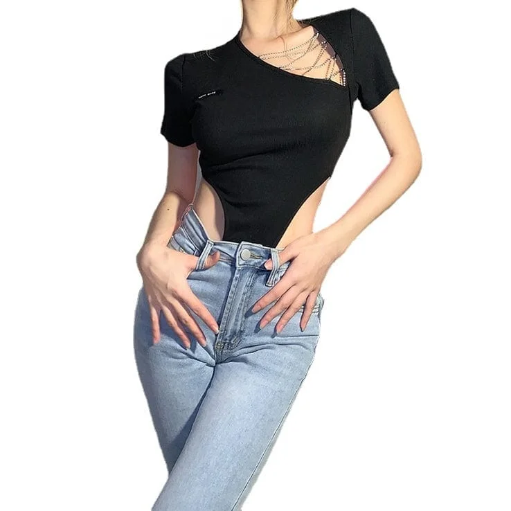 Women's Punk Metal Chain Cutout Sexy Bodysuit