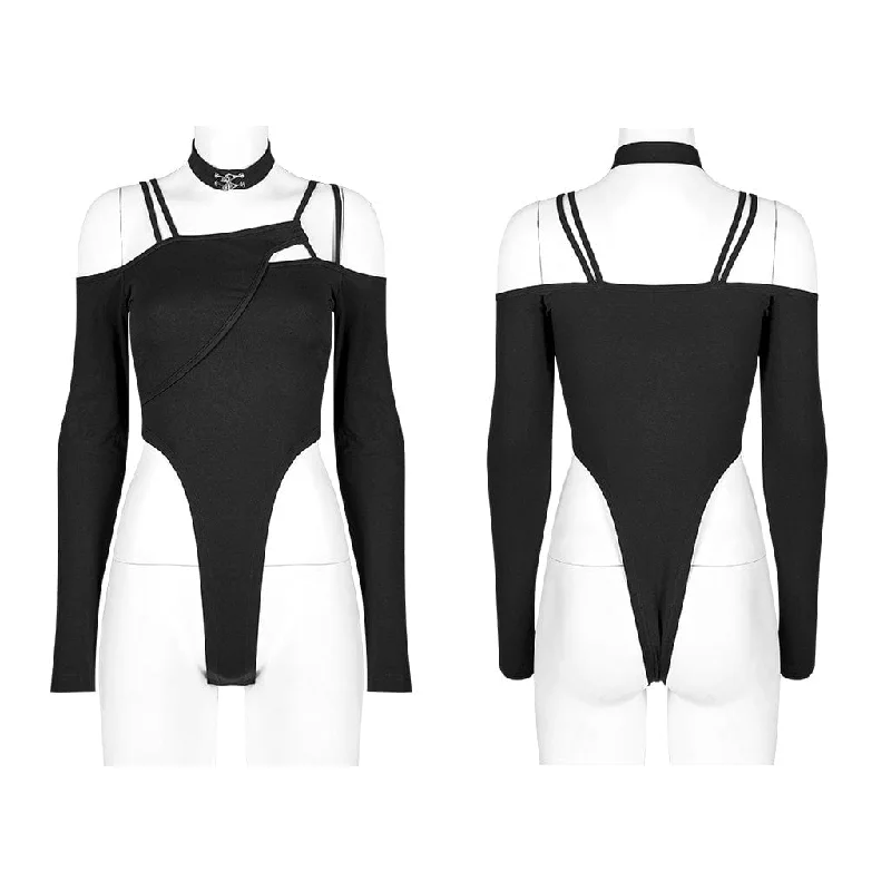 Women's Punk Off Shoulder Straps Bodysuit with Choker