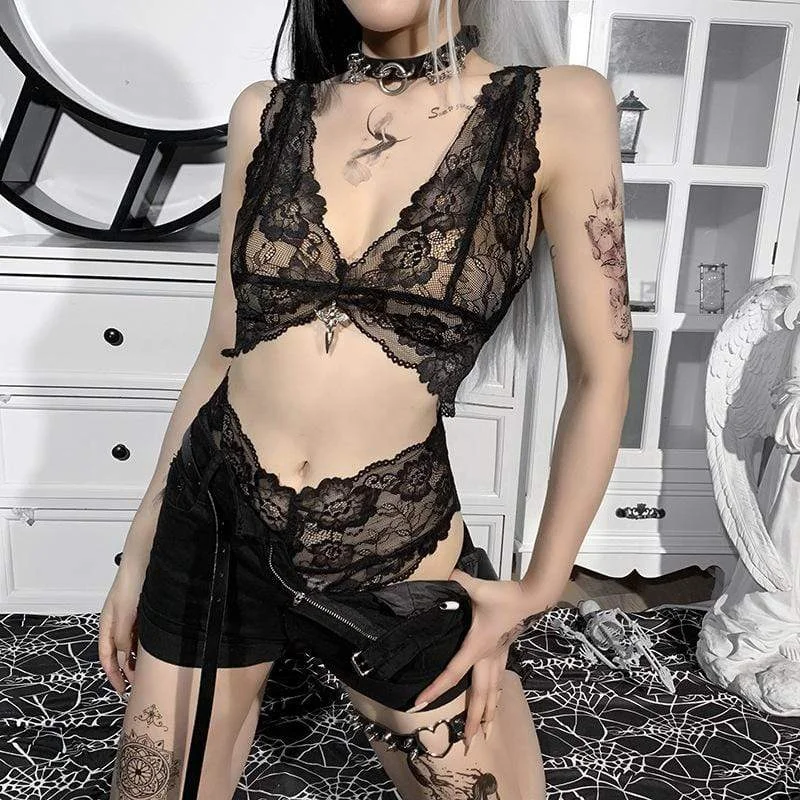 Women's Punk Plunging Lace Sheer Romper