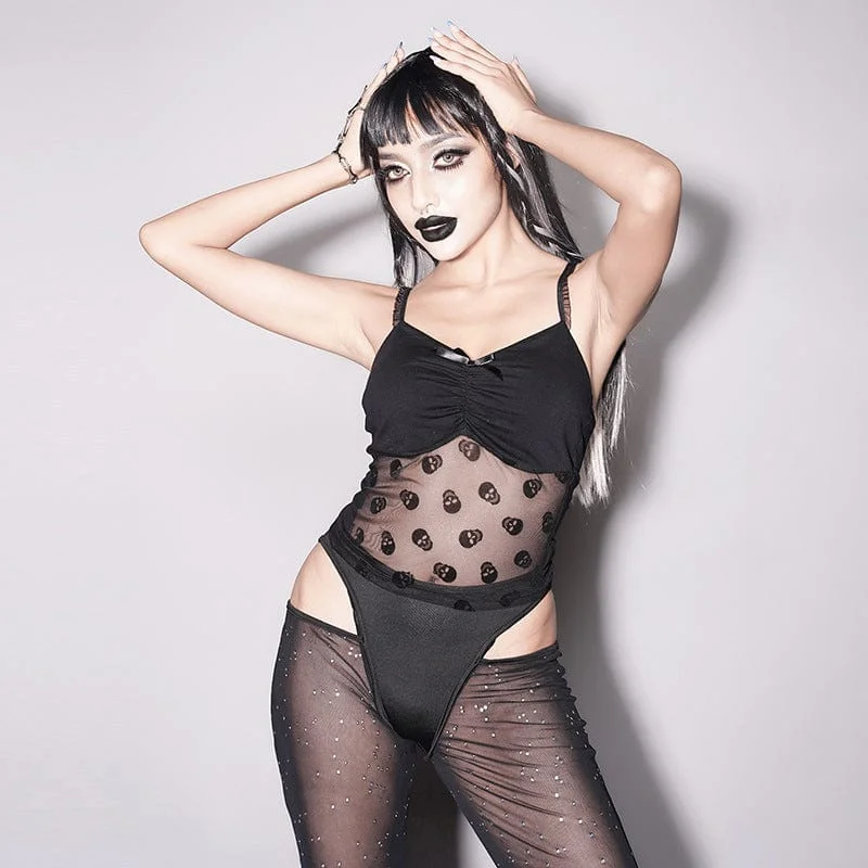 Women's Punk Skull Mesh Splice Bodysuit