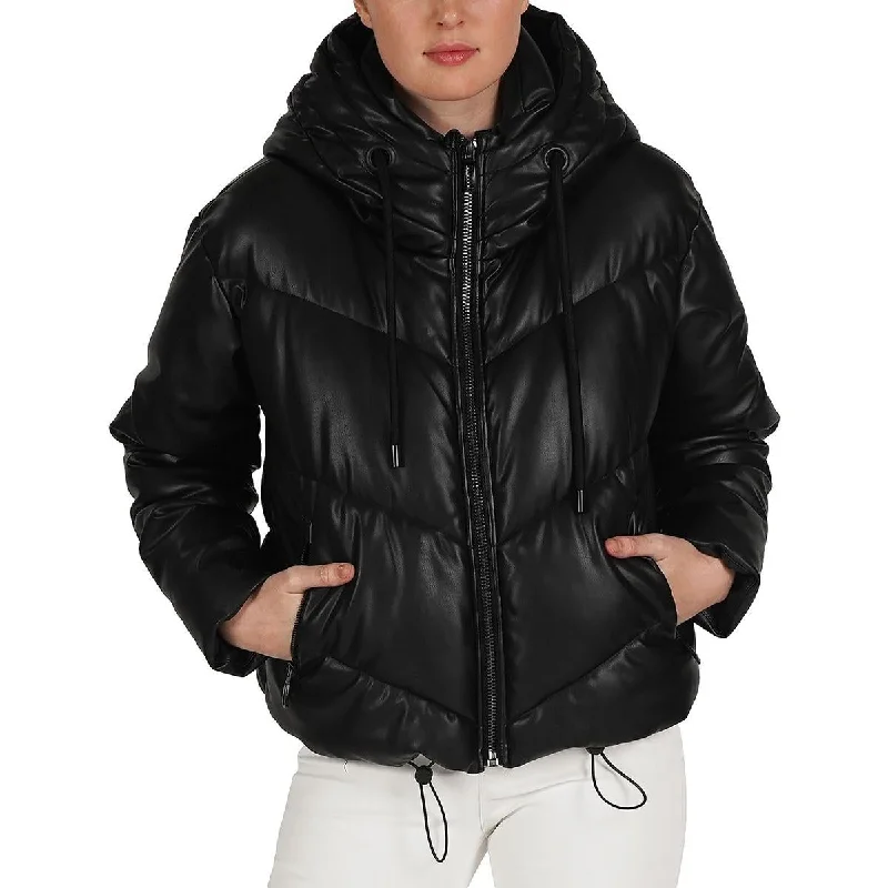 Stella + Lorenzo Womens Faux Leather Quilted Puffer Jacket