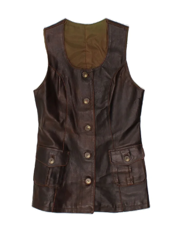 VINTAGE Womens Leather Gilet UK 10 Small Brown Leather