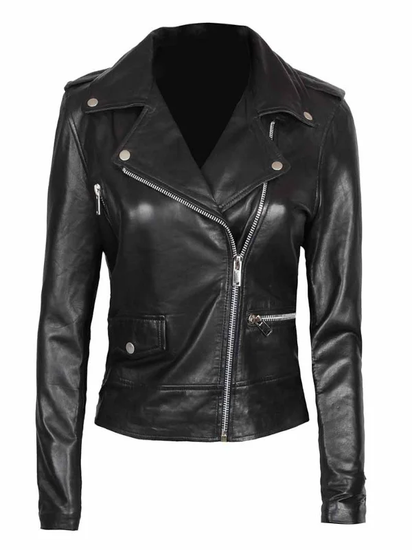 Womens Asymmetrical Style Black Leather Moto Jacket