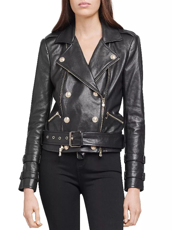 Womens Belted Moto Biker Black Leather Jacket