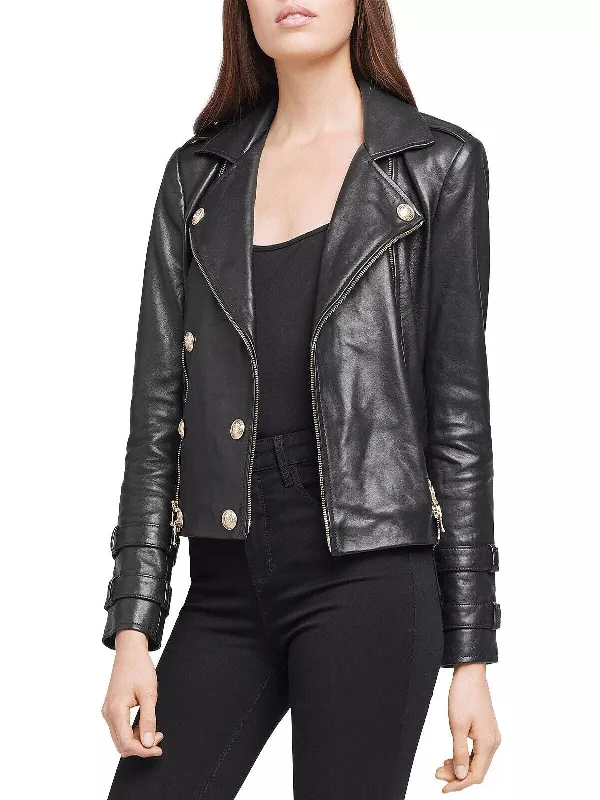 Womens Belted Moto Biker Black Leather Jacket