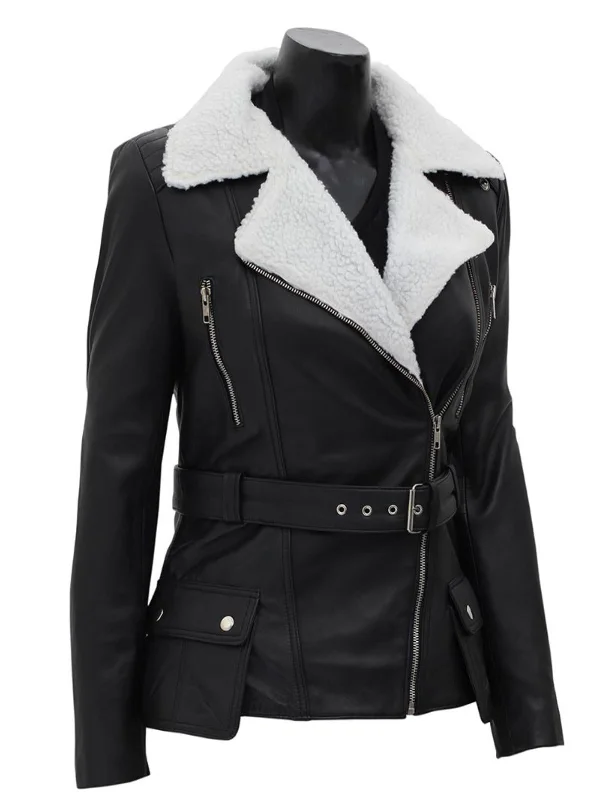 Women's Black Leather Shearling Moto Jacket