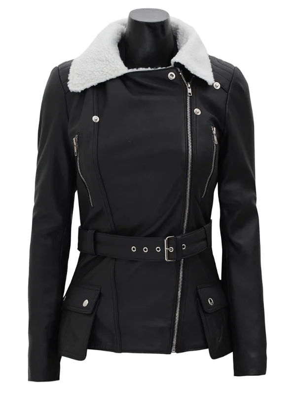 Women's Black Leather Shearling Moto Jacket