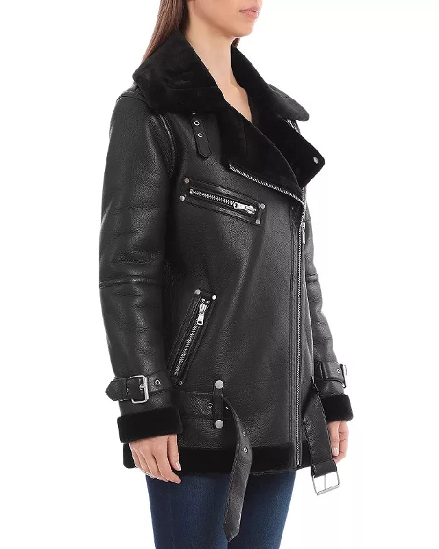 Womens Black Shearling Moto Leather Jacket